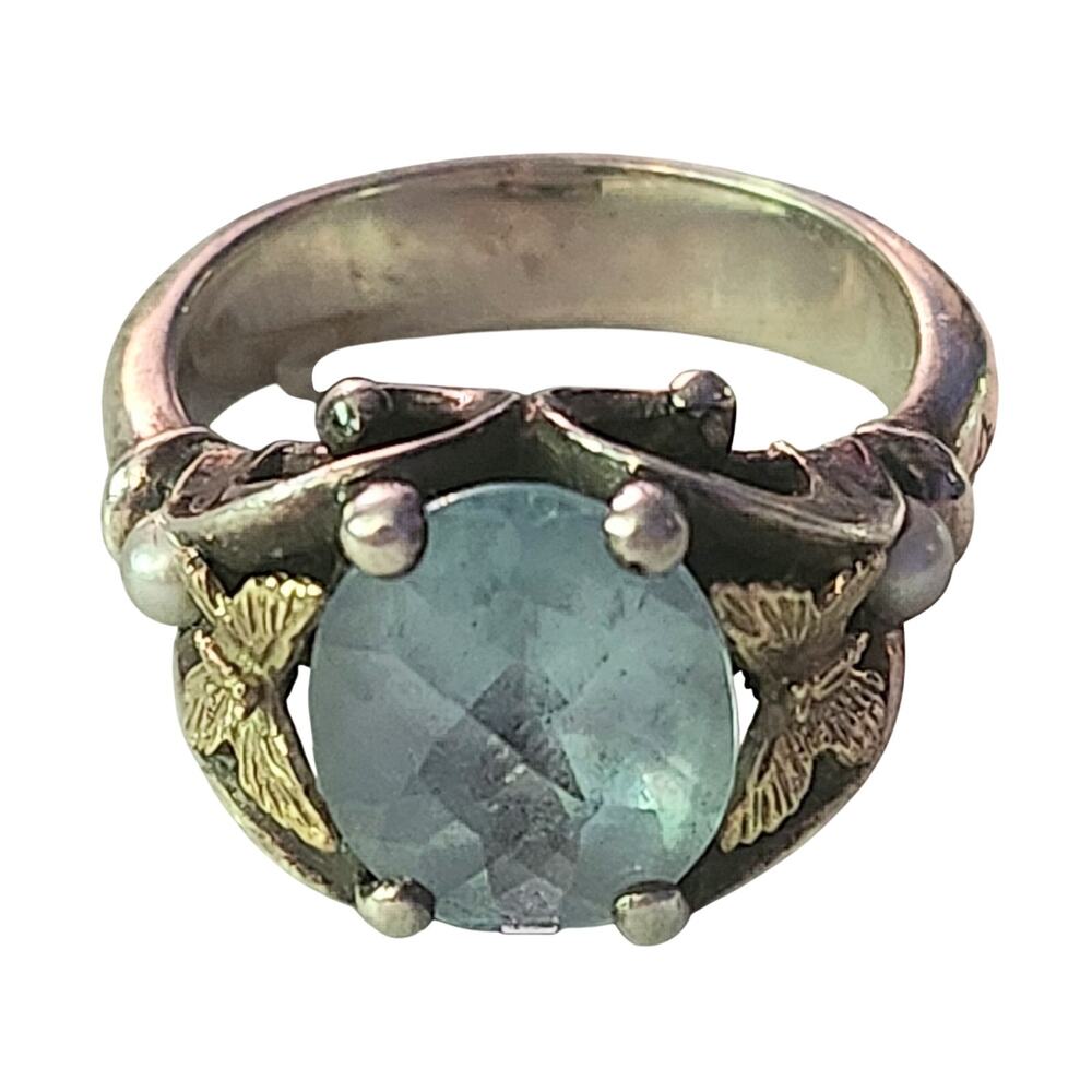 Ann King Sterling Silver 18K Gold Blue Topaz Butterfly  Pearl Ring Size 9